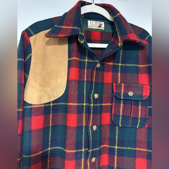 PENDLETON LOBO Vintage Wool Plaid Suede Patch Button Down Shirt Jacket Shacket - Picture 3 of 4